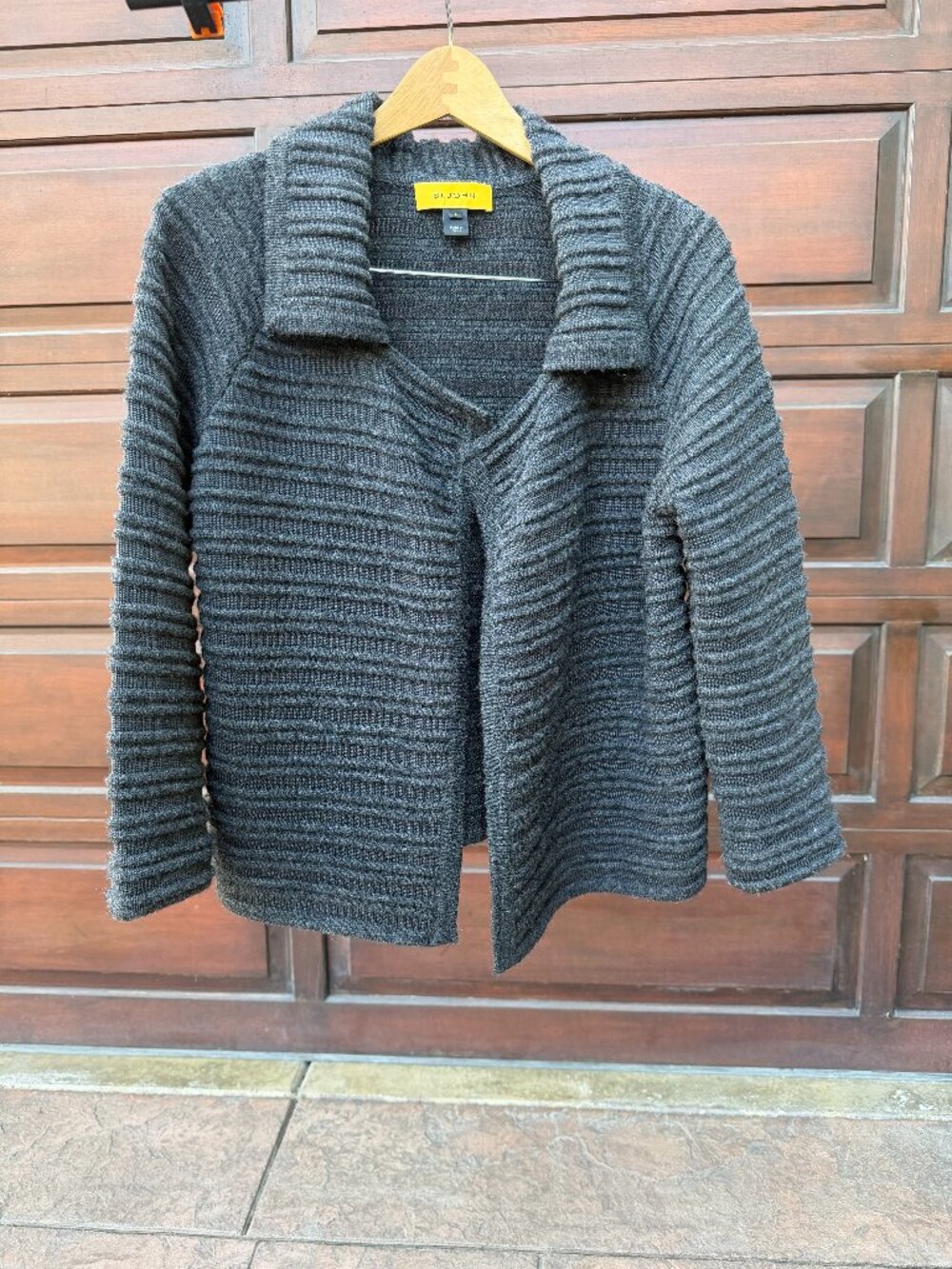 St. John charcoal grey rib knit sweater jacket, Fall 2011; wool/ silk/cashmere